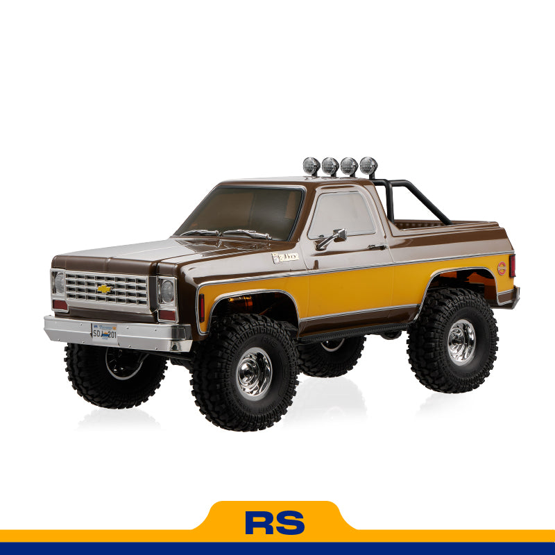 FMS 1:10 FCX10 Chevrolet K5 Blazer RS brown and yellow RC truck with spotlights and large tires