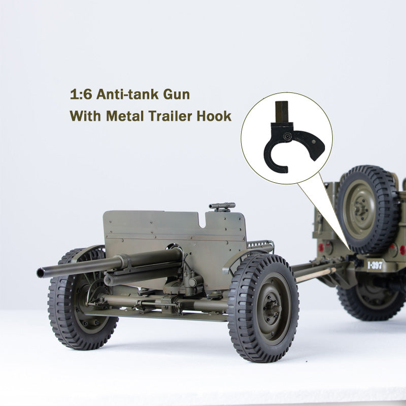 1:6 scale anti-tank gun model with metal trailer hook