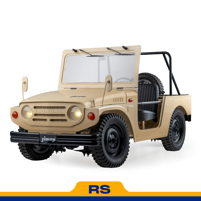 FMS 1:6 scale Suzuki Jimny LJ10 RS in brown, featuring realistic details, off-road tires, and a spare wheel.