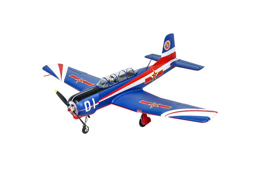 FMS 1200mm CJ-6 V2 PNP RC airplane, blue with red and white accents and star insignia.