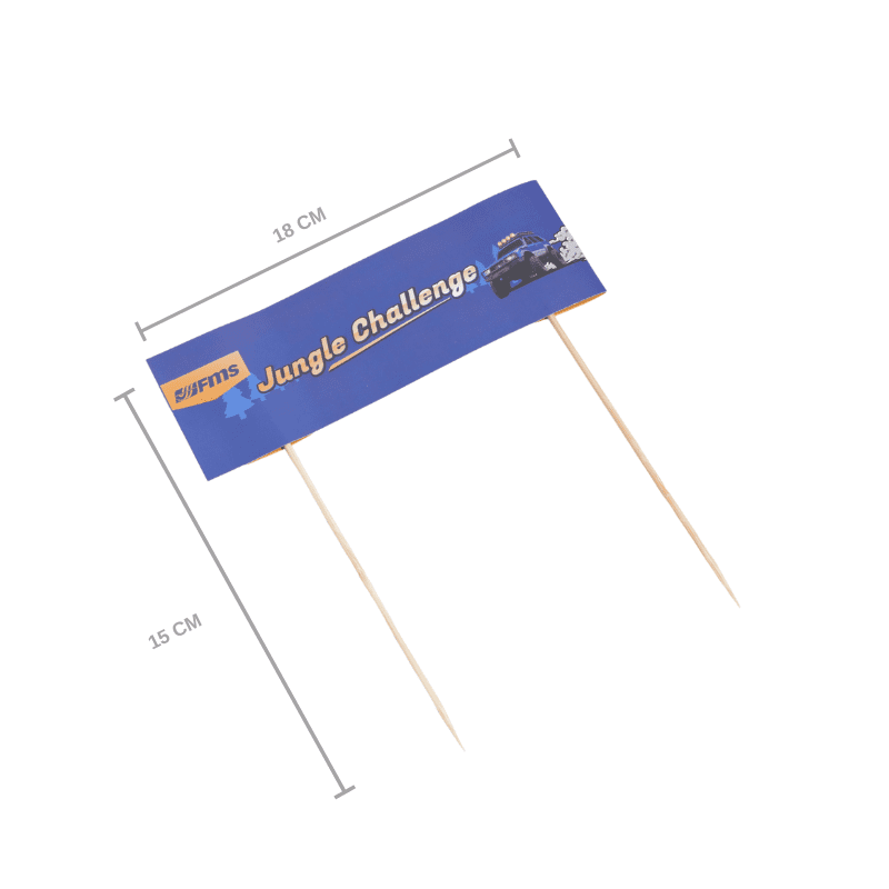 Blue Jungle Challenge flag with vehicle graphics, sticks for RC model displays