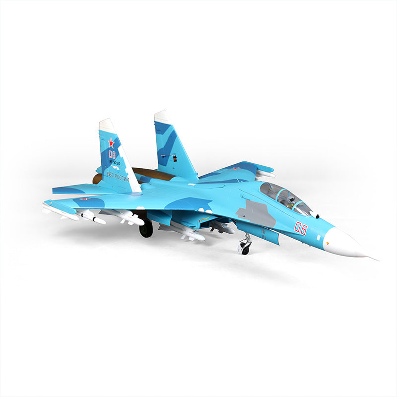 FMS Twin 70mm EDF SU-27 PNP model aircraft in blue camouflage with missiles. Features '06' on nose and '08' on tail.