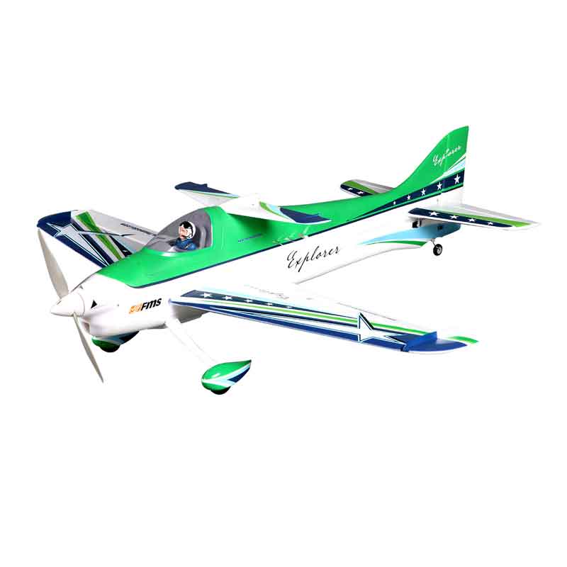 FMS 1020mm F3A Explorer PNP aerobatic RC plane with white, green, and blue accents.