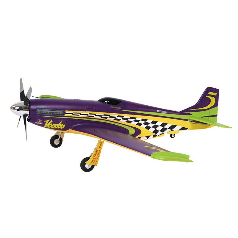 FMS 1100mm P-51 Mustang V2 PNP "Voodoo" model airplane, purple with yellow and green racing stripes and checkerboard detail.