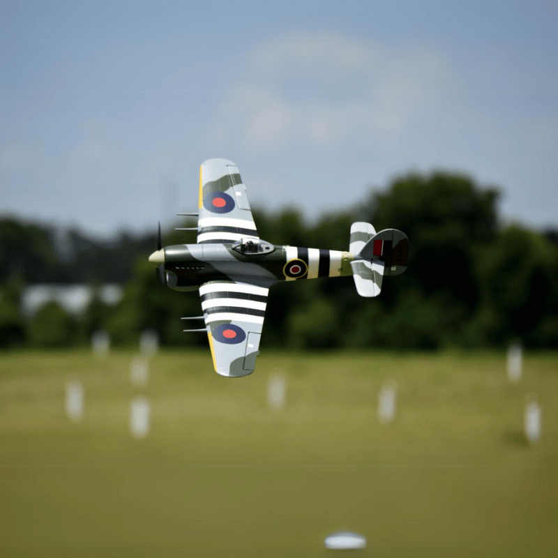 Hawker Typhoon PNP RC airplane flying in distinctive WWII RAF colors.