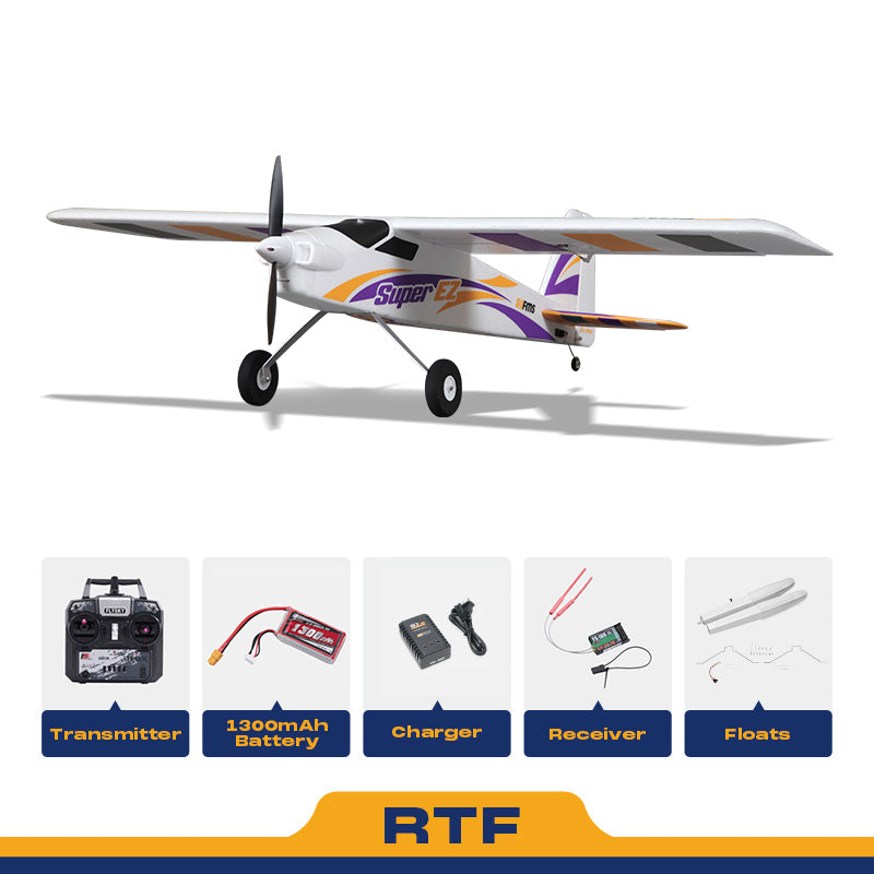 FMS 1220mm Super EZ V4 RTF airplane with transmitter, 1300mAh battery, charger, receiver, and floats