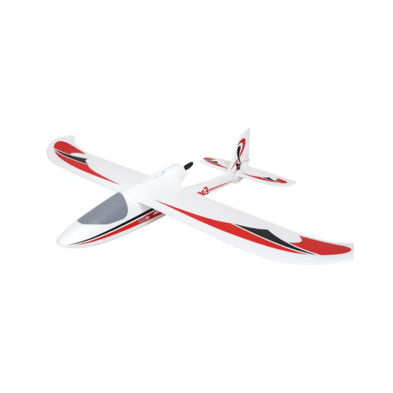 Compact red and white RC airplane, ideal for beginners and easy to fly.