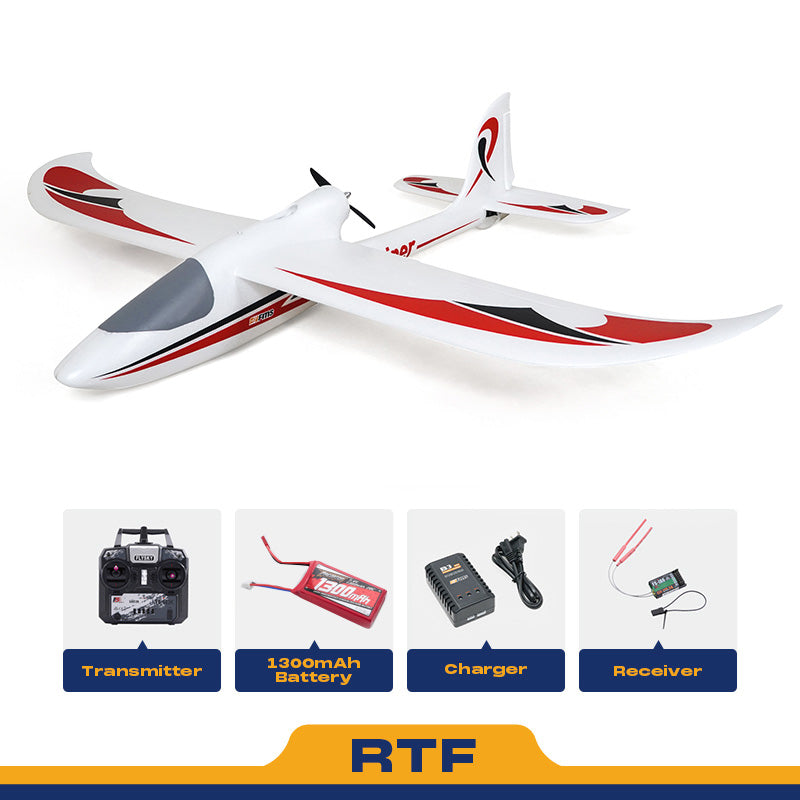 FMS 1280mm Easy Trainer RTF: white RC airplane with red accents, transmitter, 1300mAh battery, charger, and receiver.