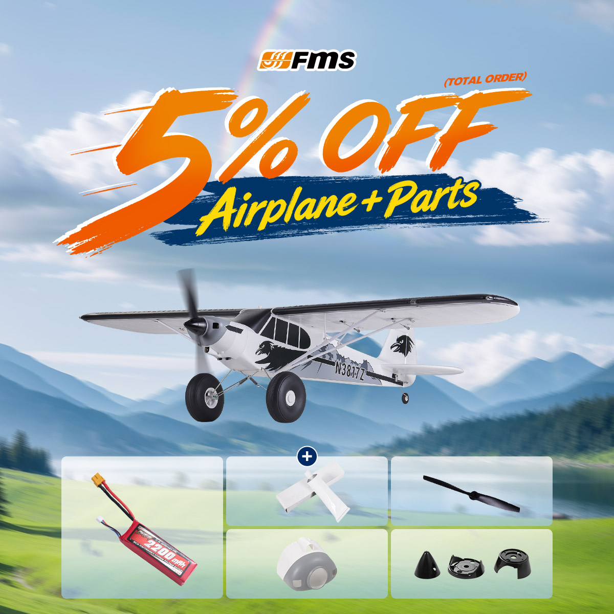 FMS 1300mm PA-18 Super Cub with Reflex V3, RTF / PNP