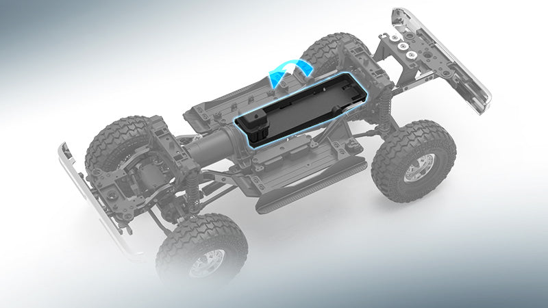 This technical diagram showcases the advanced chassis and battery compartment design of a Fmshobby RC Car