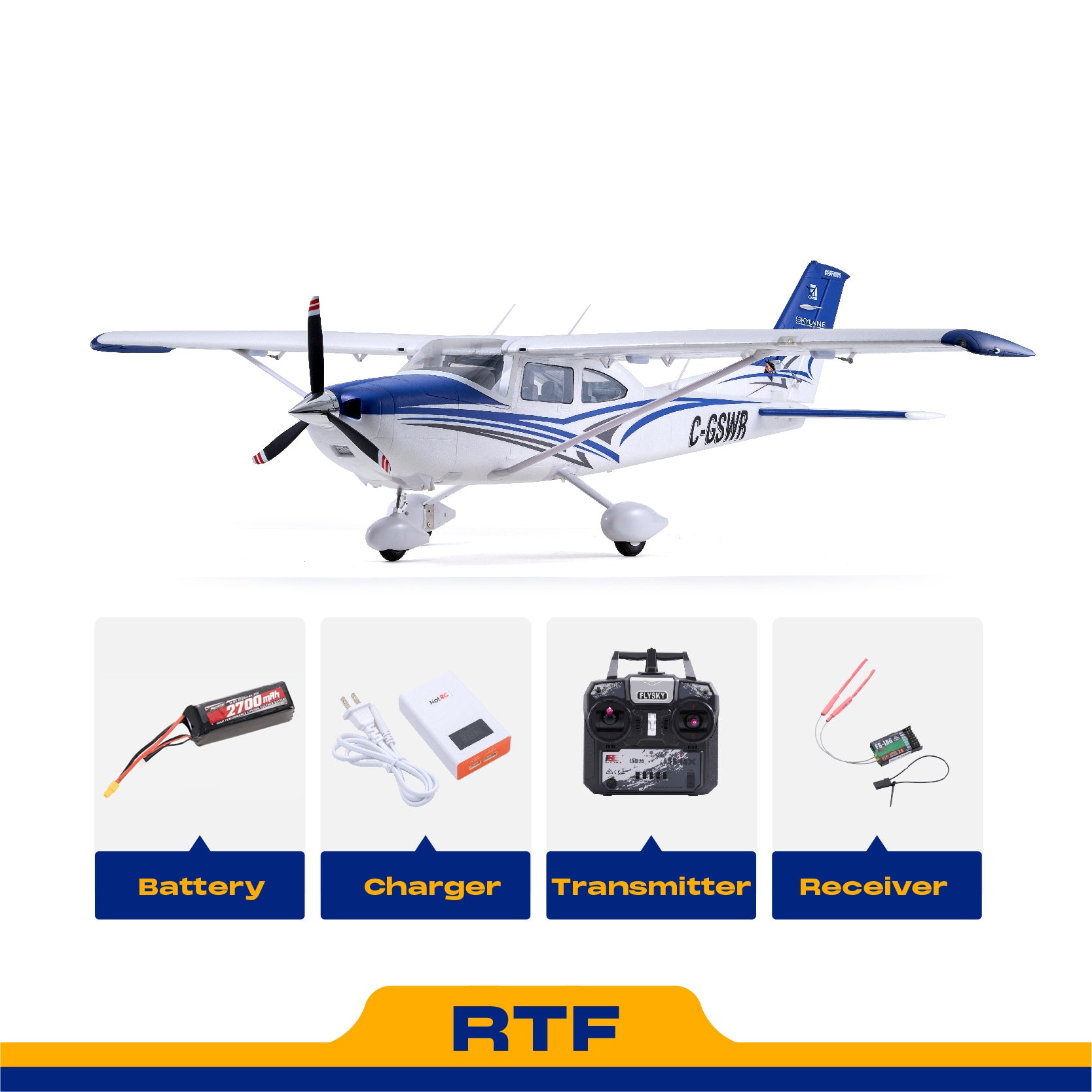 FMS 1500mm Cessna 182 RTF model airplane with battery, charger, transmitter, and receiver