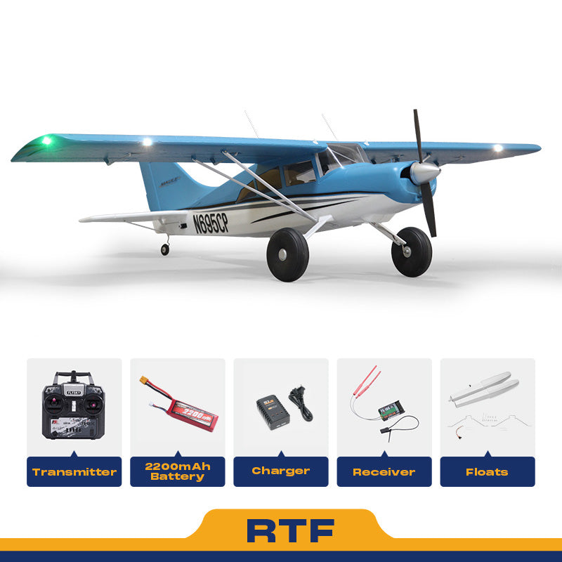 FMS 1500mm Maule RC airplane with floats RTF: blue/white, transmitter, 2200mAh battery, charger, receiver, floats.