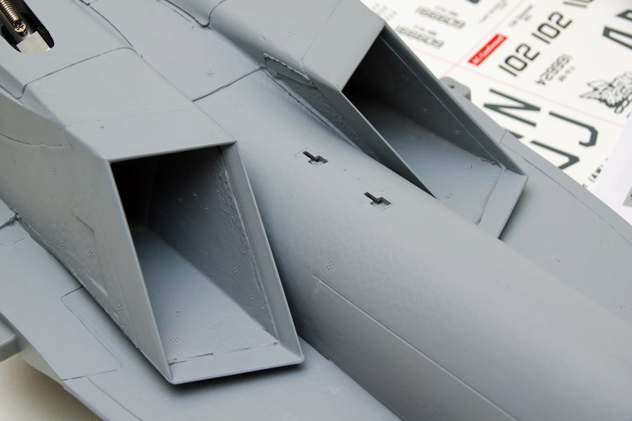 FMS F-18F Super Hornet model jet, showing gray air intakes and fuselage detail. PNP model for intermediate pilots.