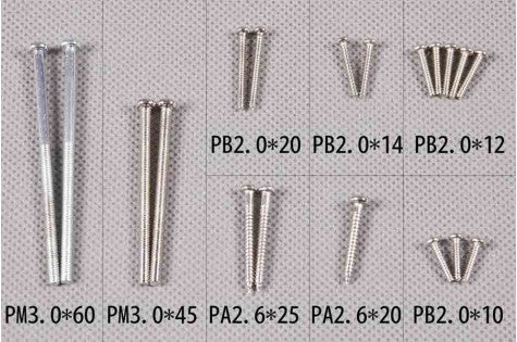 Assorted screws labeled by size and type for RC model assembly