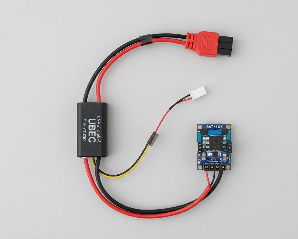 Diagrama de cableado técnico de un UBEC y un ESC conectados a una batería principal mostrando el cable rojo desconectado.