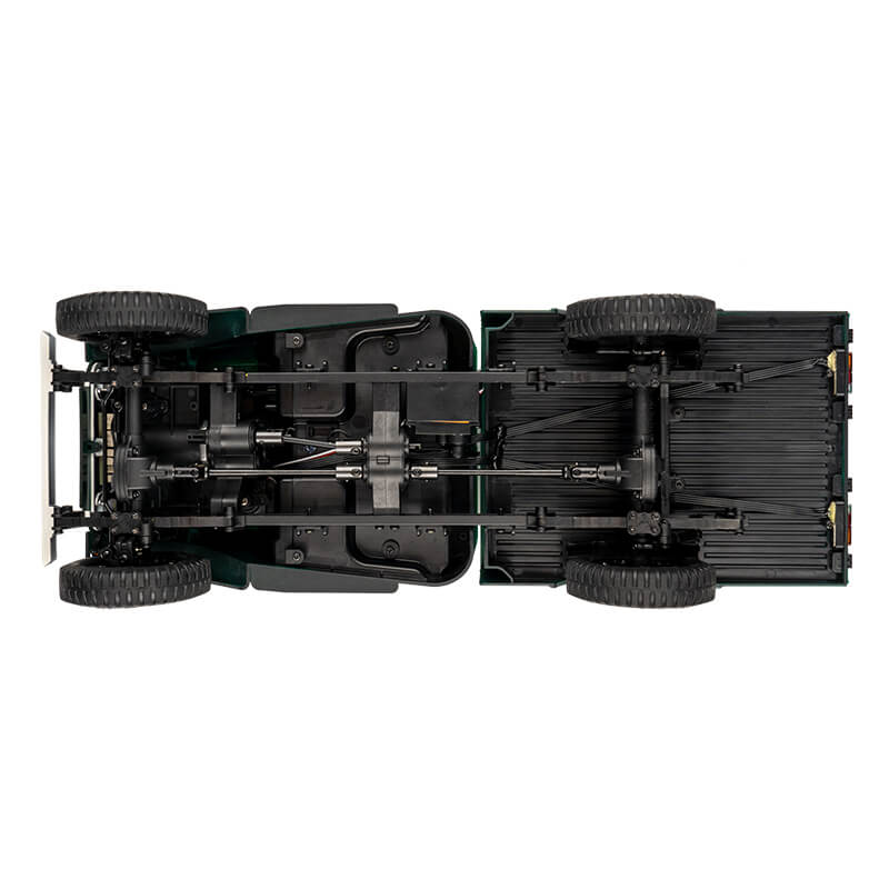 FMS 1:12 TOYOTA FJ45 Pickup Truck chassis and drivetrain detail. Green truck bottom view.