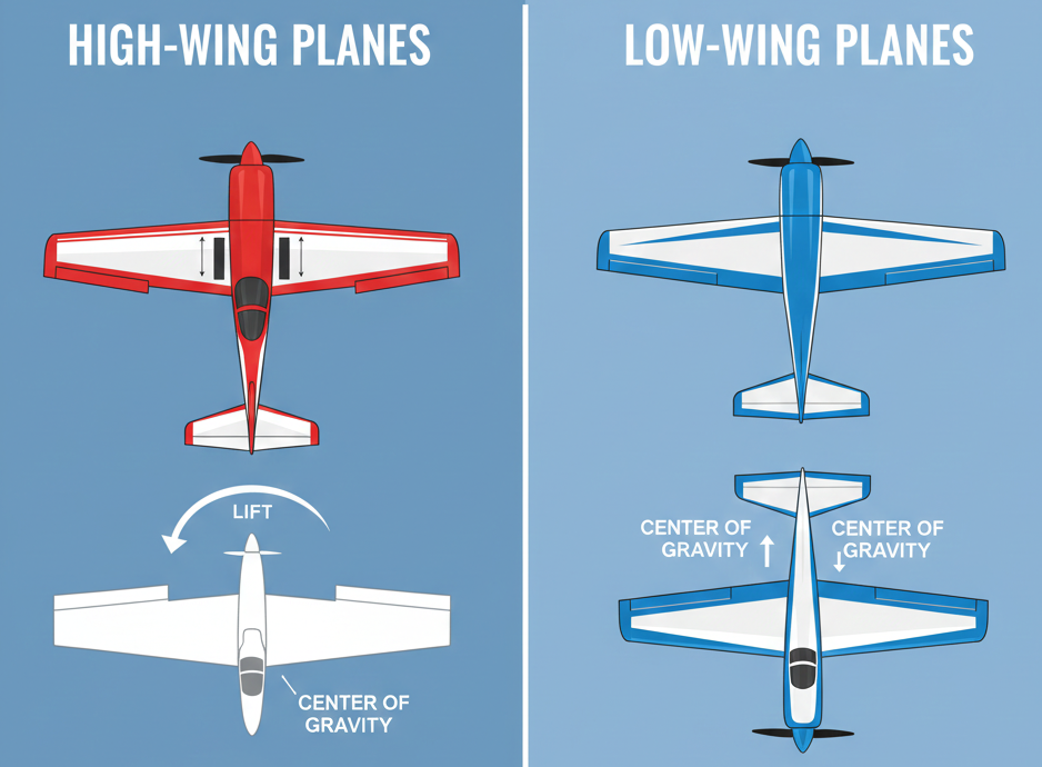 Top view comparison of high-wing and low-wing planes showing lift and center of gravity.