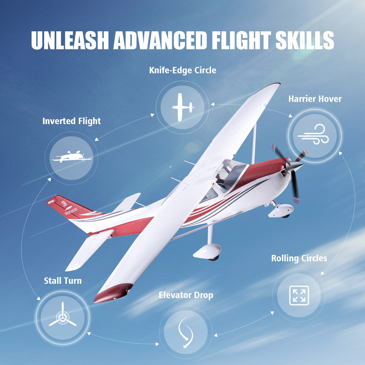 FMS 1500mm Cessna 182 model demonstrating advanced flight skills like Harrier Hover and Stall Turn.