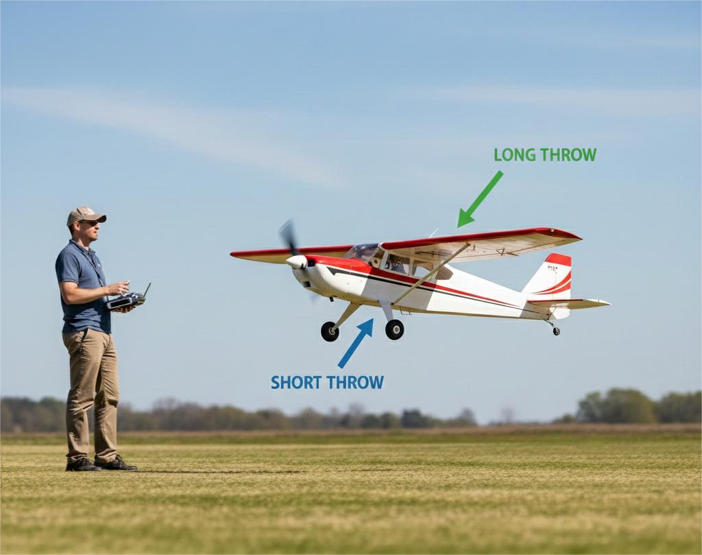 RC pilot flying a model airplane showing long and short control throws