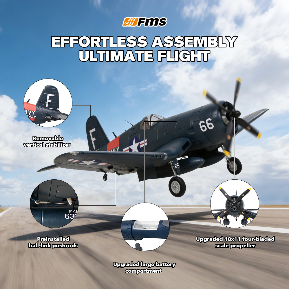 1700mm F4U Corsair V3 PNP | 6S 4-Blade Warbird – FMS Hobby