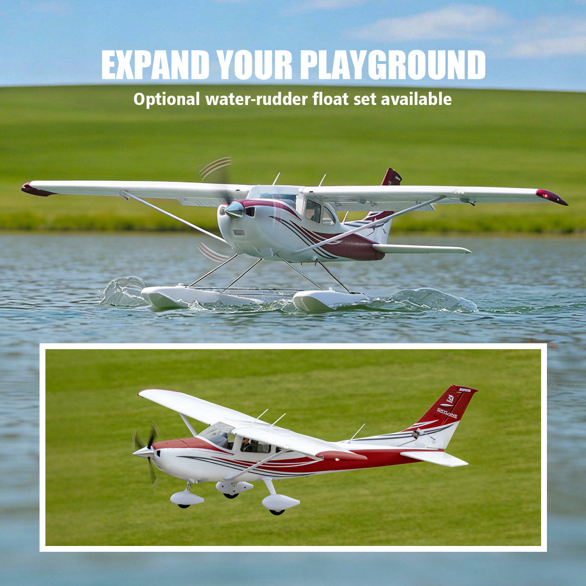 FMS 1500mm Cessna 182 with optional floats on water and flying over grass
