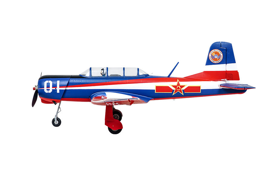 FMS 1200mm CJ6 PNP model airplane with red star, red white blue livery, and '01' marking