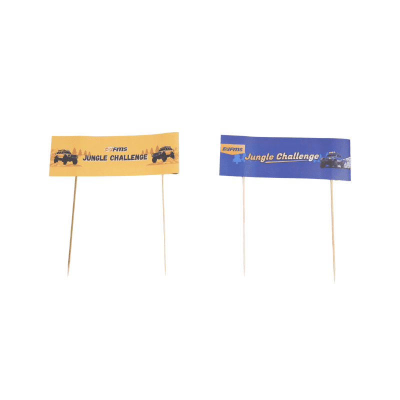 FMS Jungle Challenge flags, yellow and blue designs on sticks