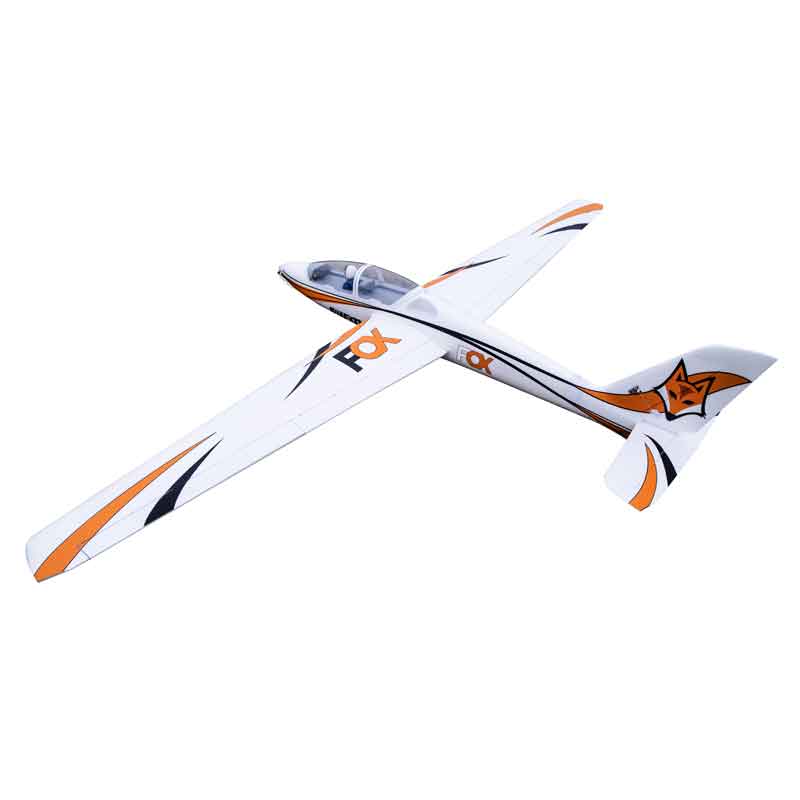 FMS 3000mm Fox Aerobatic Glider with orange and black accents and fox graphics.