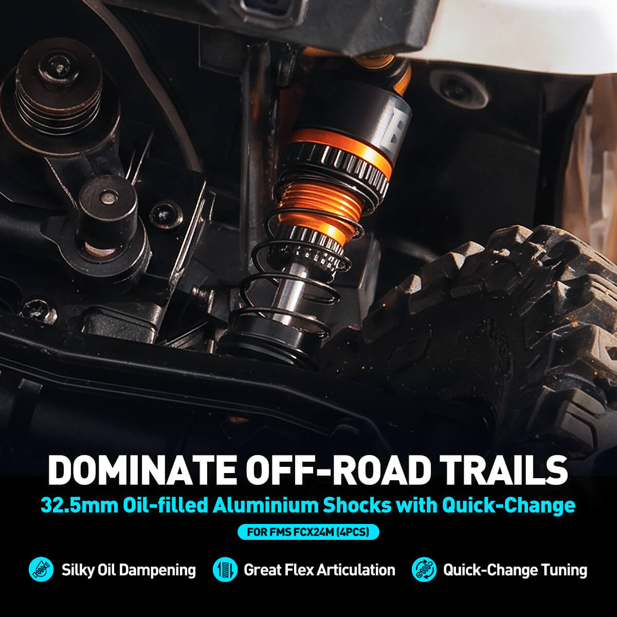 BATRAZZI 32.5mm Oil-filled Aluminium Shocks with Quick-Change for FMS FCX24M / Axial SCX24 (4pcs)