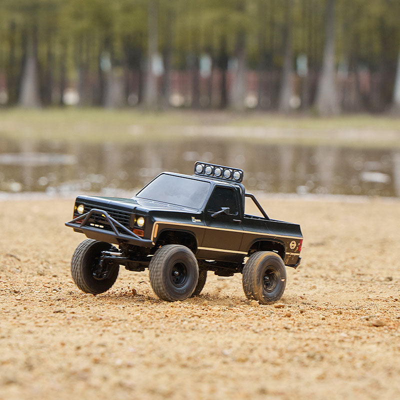black RC pickup truck on dirt track