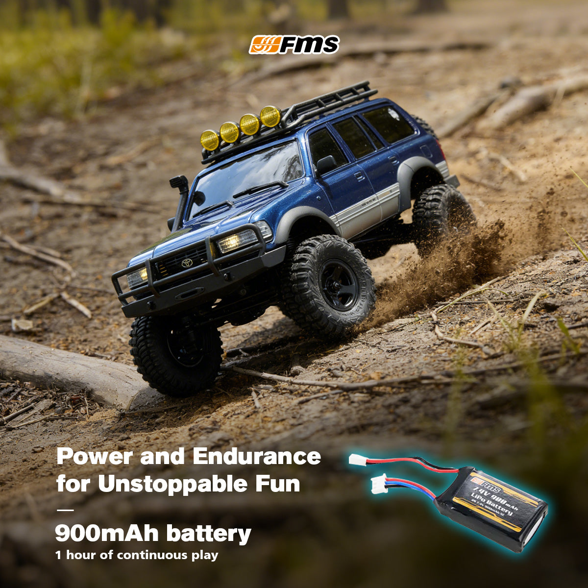 Blue FMS FCX18 Toyota Land Cruiser 80 RC crawler with a 900mAh battery and one-hour runtime graphic