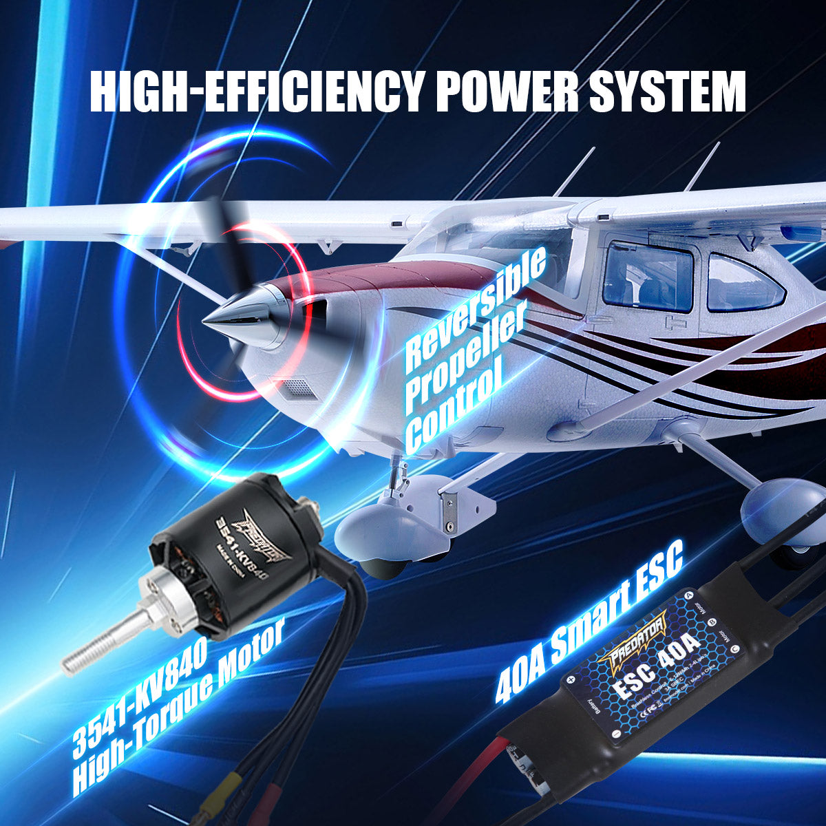 FMS 1500mm Cessna 182 power system: 3541-KV840 motor & 40A ESC with reversible propeller control.