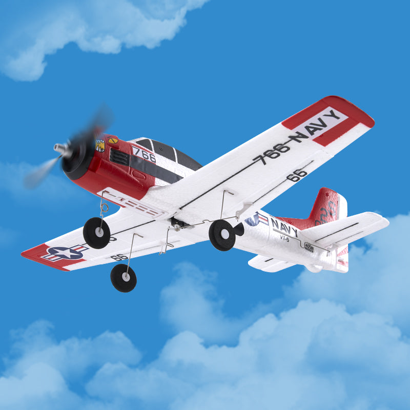 FMS 410mm T-28 Trojan RC plane in flight, featuring red and white markings with "766 NAVY" and "VT-5" details.