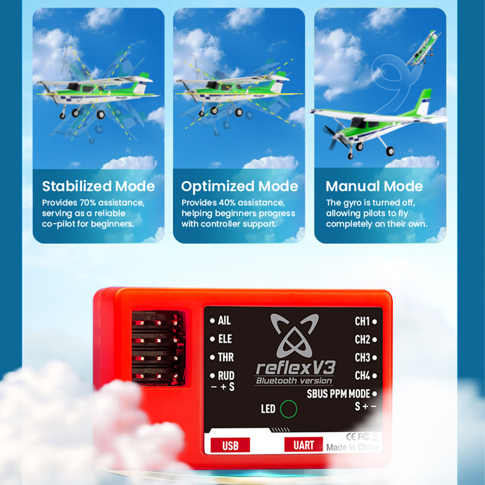 FMS Reflex V3 flight controller: Stabilized, Optimized, Manual modes for RC planes. Aids beginners with assistance.