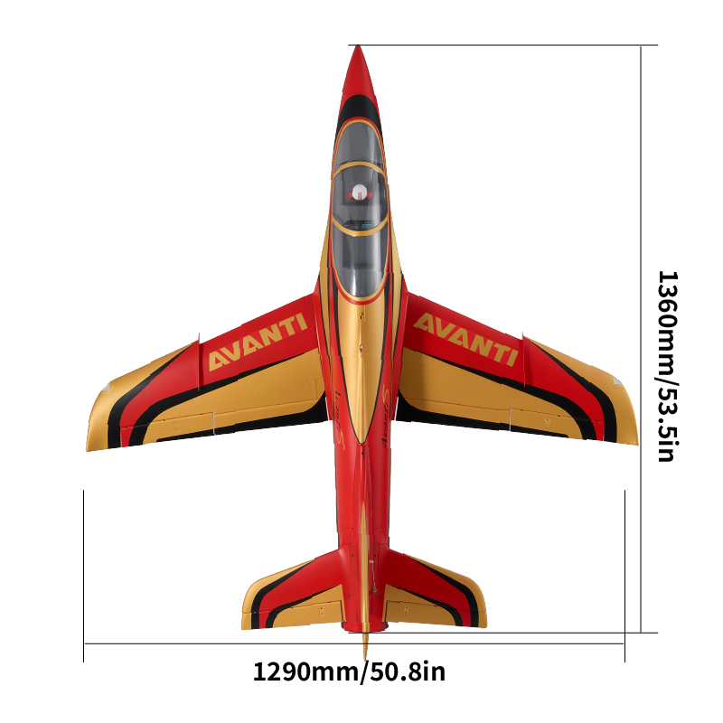 Top view of a red and gold RC jet plane isolated on a black background.