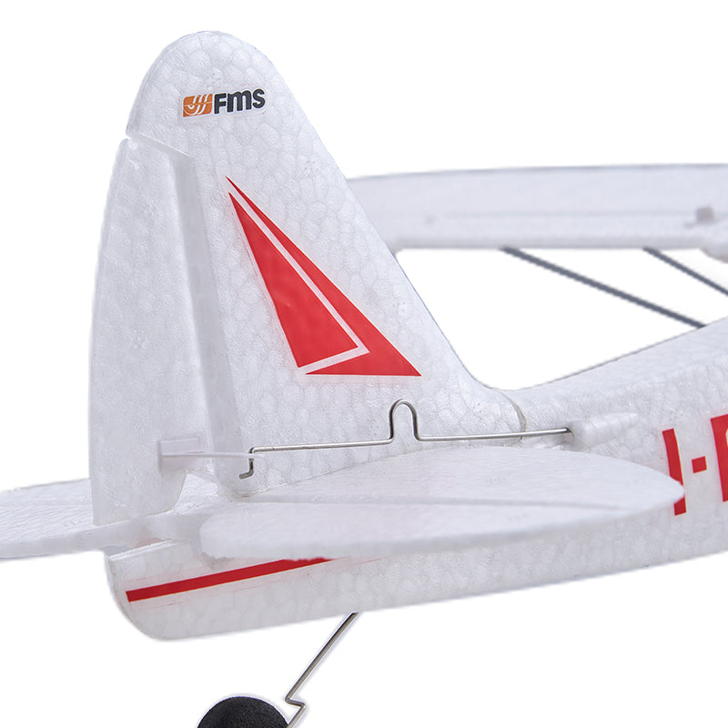 FMS 500mm PA-18 Super Cub RC plane tail with red stripe detail and FMS logo.
