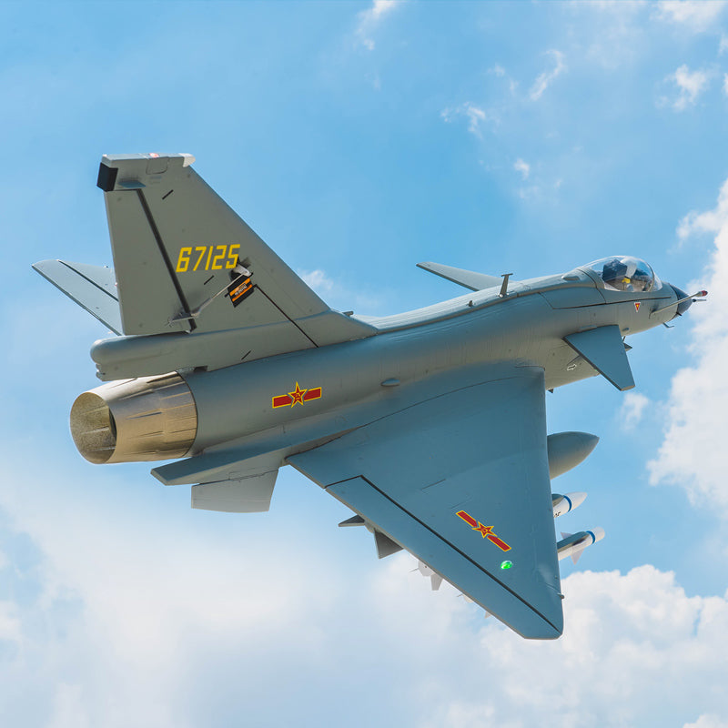 FMS EDF Jet 64mm J-10 PNP model aircraft in flight, featuring detailed markings and missiles.