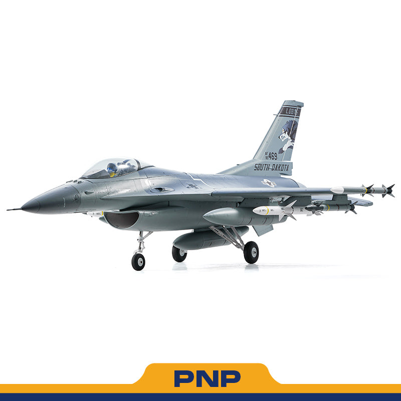 FMS EDF Jet 64mm F-16 Fighting Falcon PNP model, gray, with missiles and South Dakota livery.