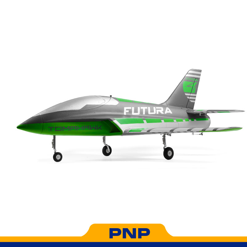FMS 64mm Futura PNP EDF jet in gray and green, featuring 'FUTURA' and 'TOMAHAWK' branding.