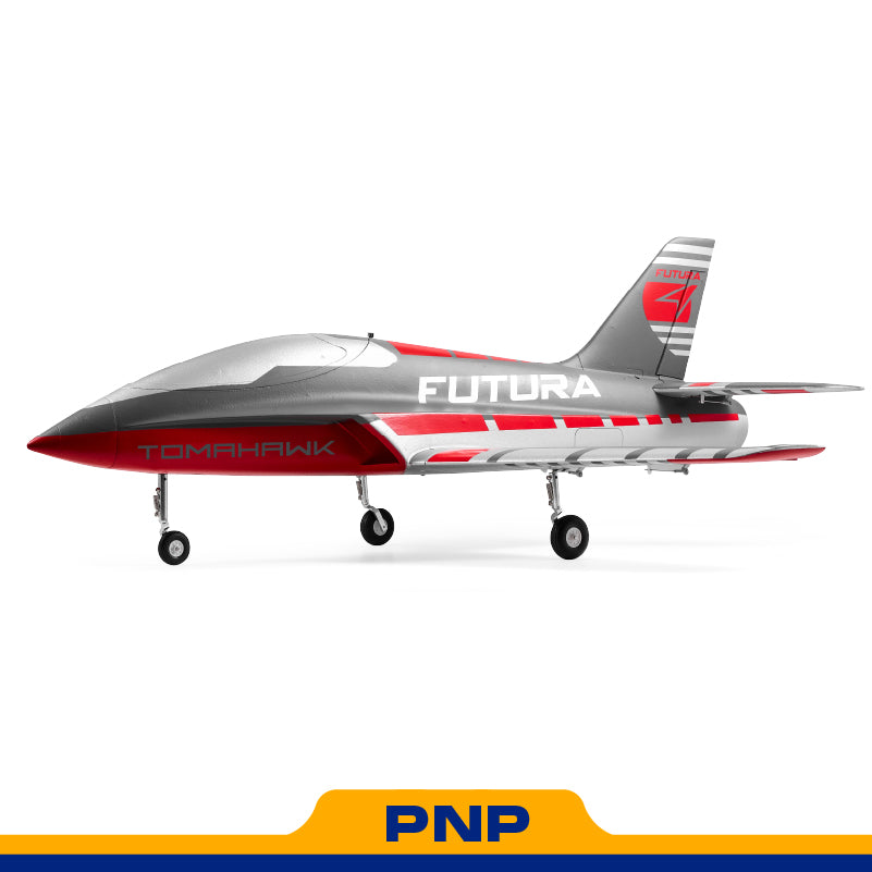 FMS 64mm Futura PNP EDF jet model airplane in red, silver, and grey with landing gear.