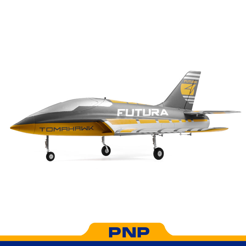 FMS 64mm Futura EDF Jet PNP model airplane in grey with yellow accents