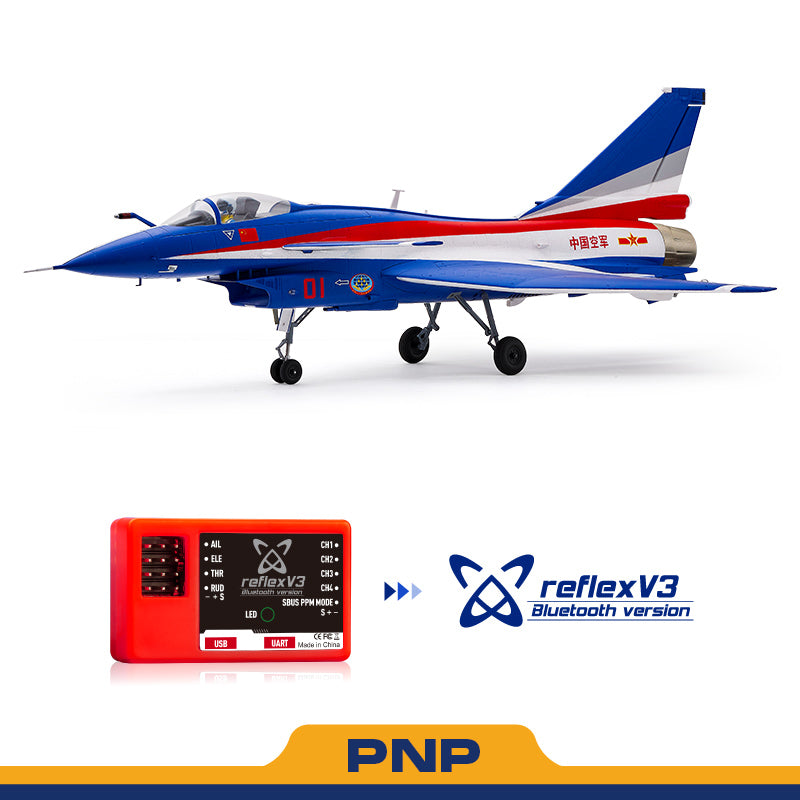 FMS 64mm J-10 EDF jet with Reflex V3 controller. Blue, white, red fighter jet with "中国空军" text. PNP.