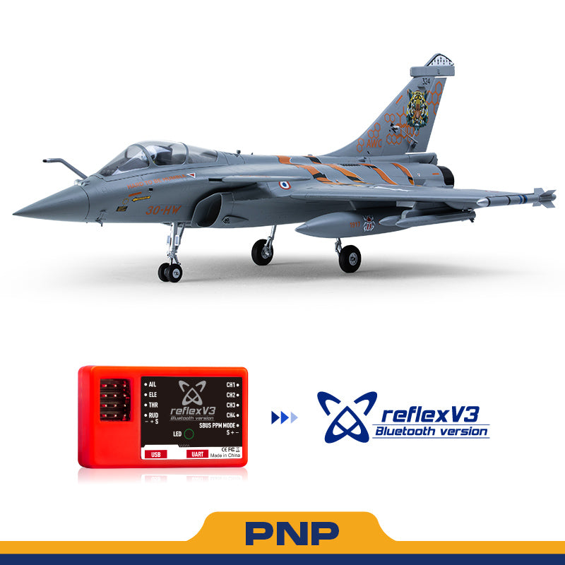 FMS 64mm Rafale EDF jet model in NATO Tiger Meet trim, with Reflex V3 Bluetooth controller and PNP designation.