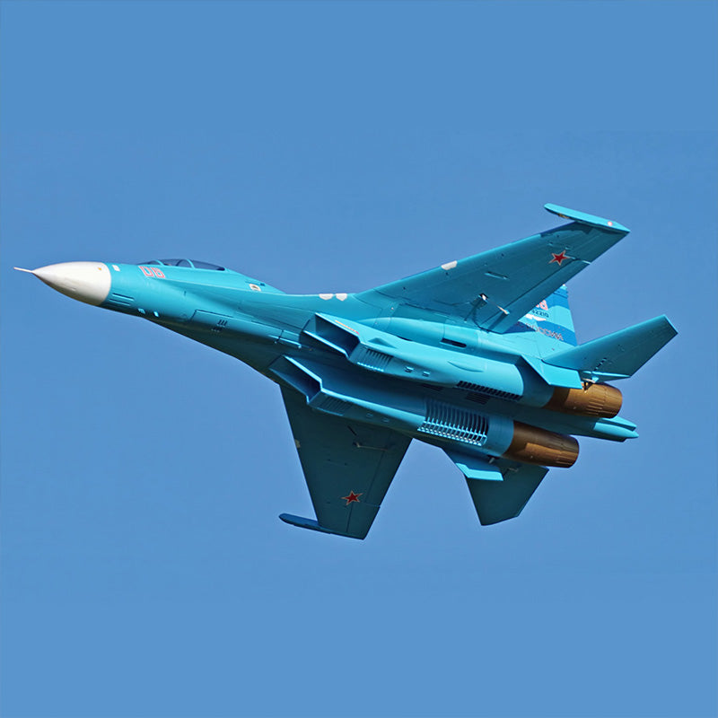 FMS Twin 70mm EDF SU-27 PNP jet in flight, blue with Russian star insignia