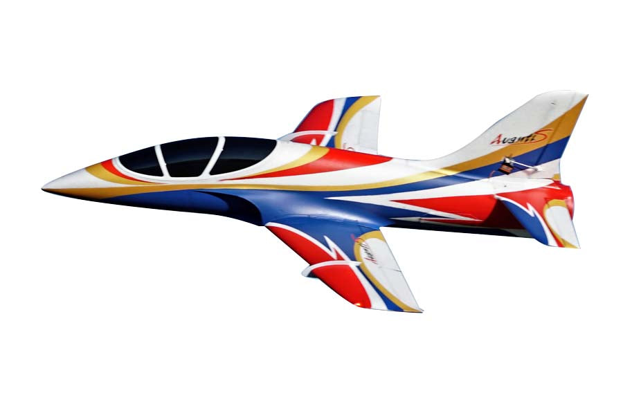 FMS Avanti V3 EDF jet: red, white, blue, gold racing stripes, sleek cockpit, prominent tail fin.