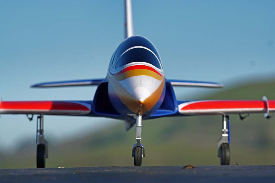 FMS 70mm Avanti V3 EDF jet in blue with red, white, gold, and orange stripes on nose