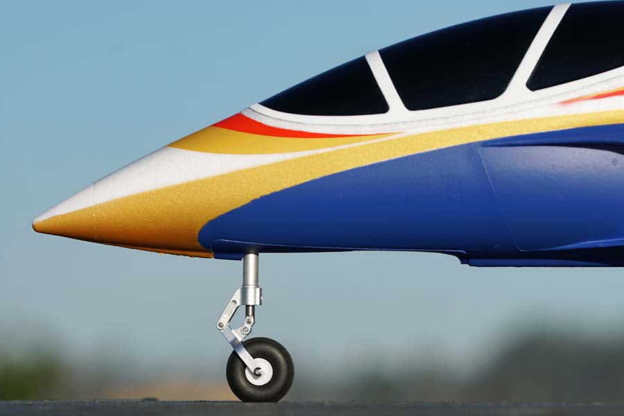 FMS EDF Jet 70mm Avanti V3 PNP with blue fuselage, gold, red, orange nose stripes, and front landing gear.