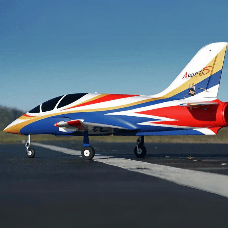 FMS 70mm Avanti V3 PNP EDF jet with red, white, and blue racing stripes on tarmac.