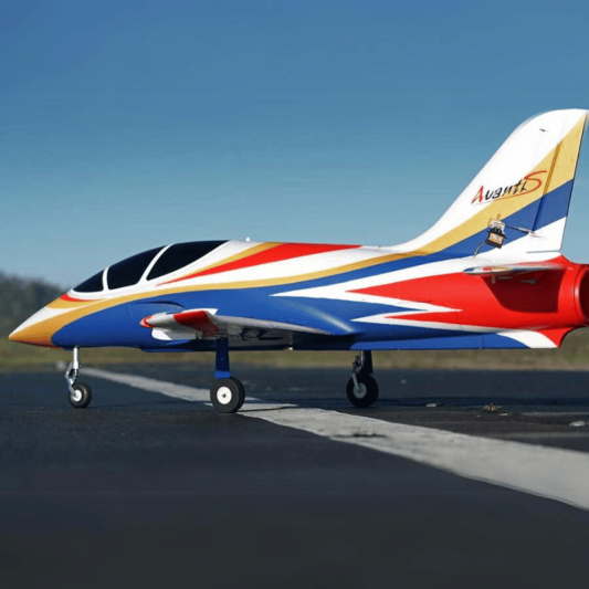 FMS 70mm Avanti V3 PNP EDF jet with red, white, and blue racing stripes on tarmac.
