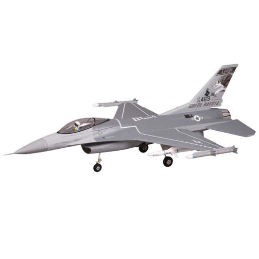 FMS 70mm F-16C Fighting Falcon PNP model jet with missiles. Grey USAF camo, tail reads '469 SOUTH DAKOTA'. Retractable landing gear.